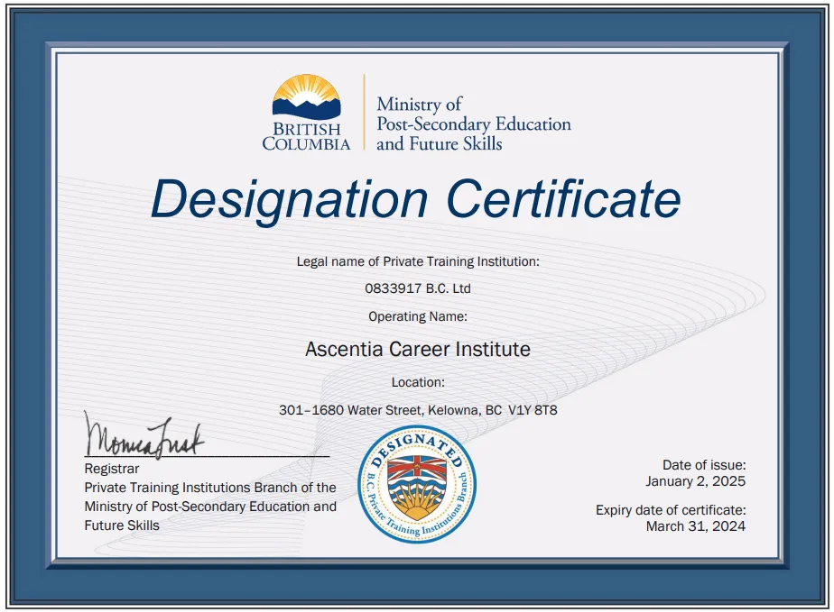 Ascentia Career Institiute's Private Training Insitutions Branch Designation Certificate