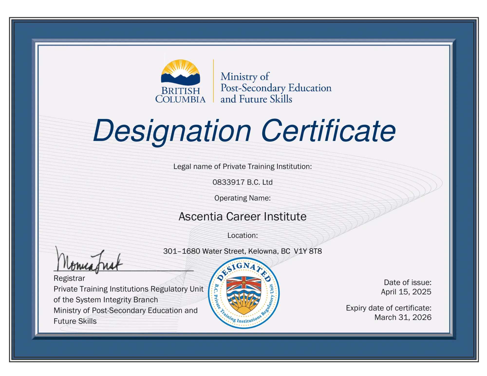 Ascentia Career Institiute's Private Training Insitutions Branch Designation Certificate
