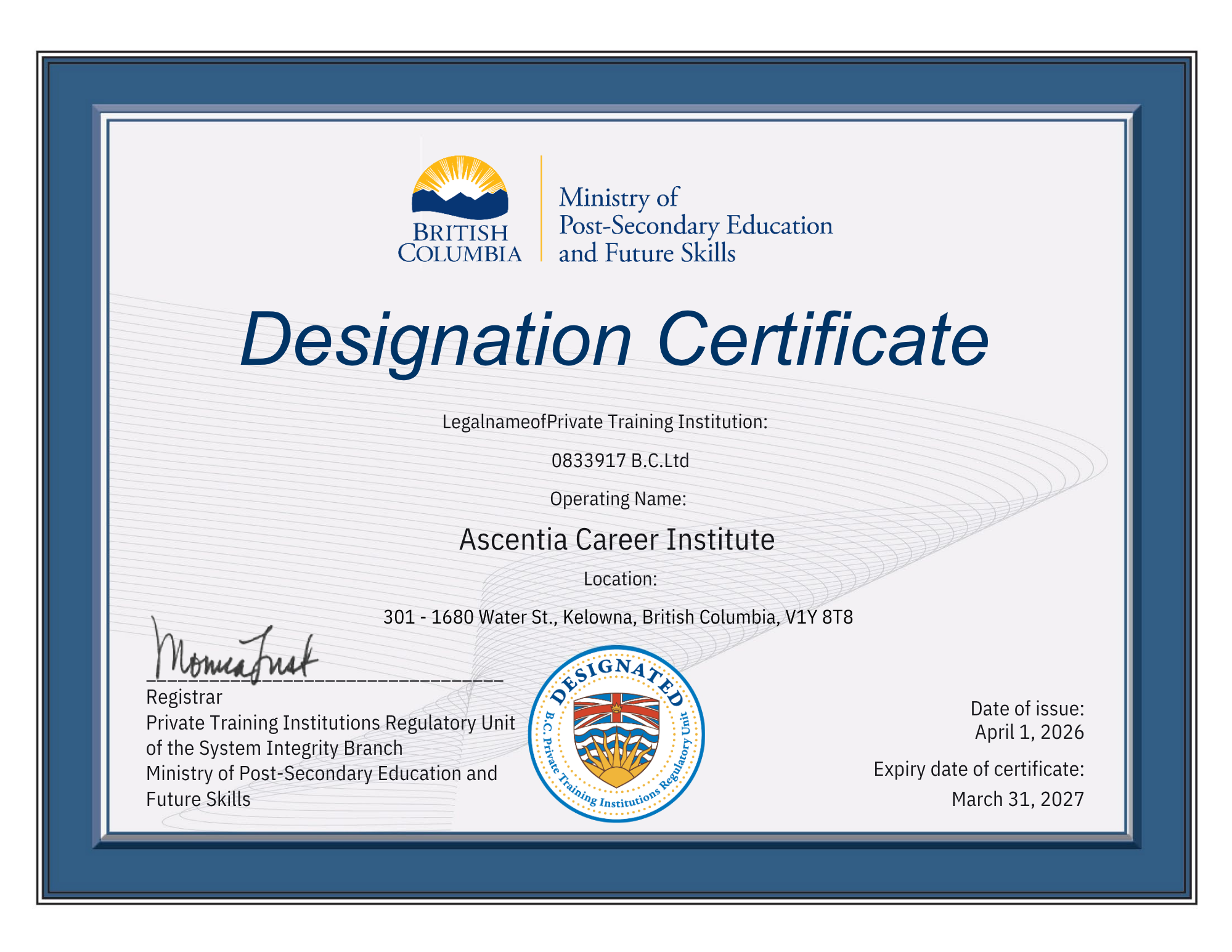 Ascentia Career Institute's Private Training Institutions Regulatory Unit Designation Certificate